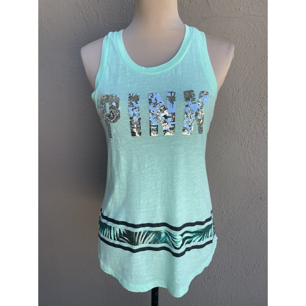 Victoria's Secret PINK Bling Sequin Racerback Tank Top Mint tropical Palm XS